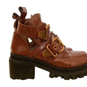 Jeffrey Campbell Brown Patent Leather Buckle Chunky Heel Boot